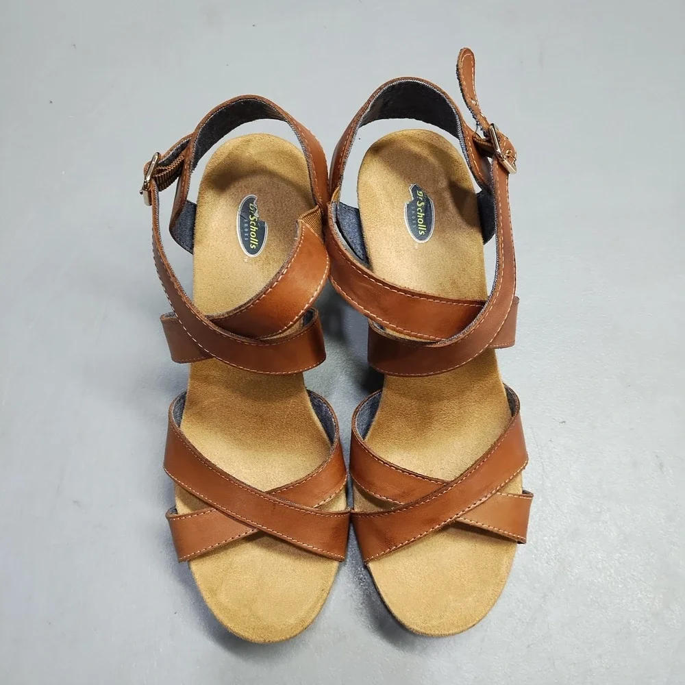 Dr. Scholl's Savory Wedge Sandals Womens Size 9M Brown Leather Ankle Strap EUC